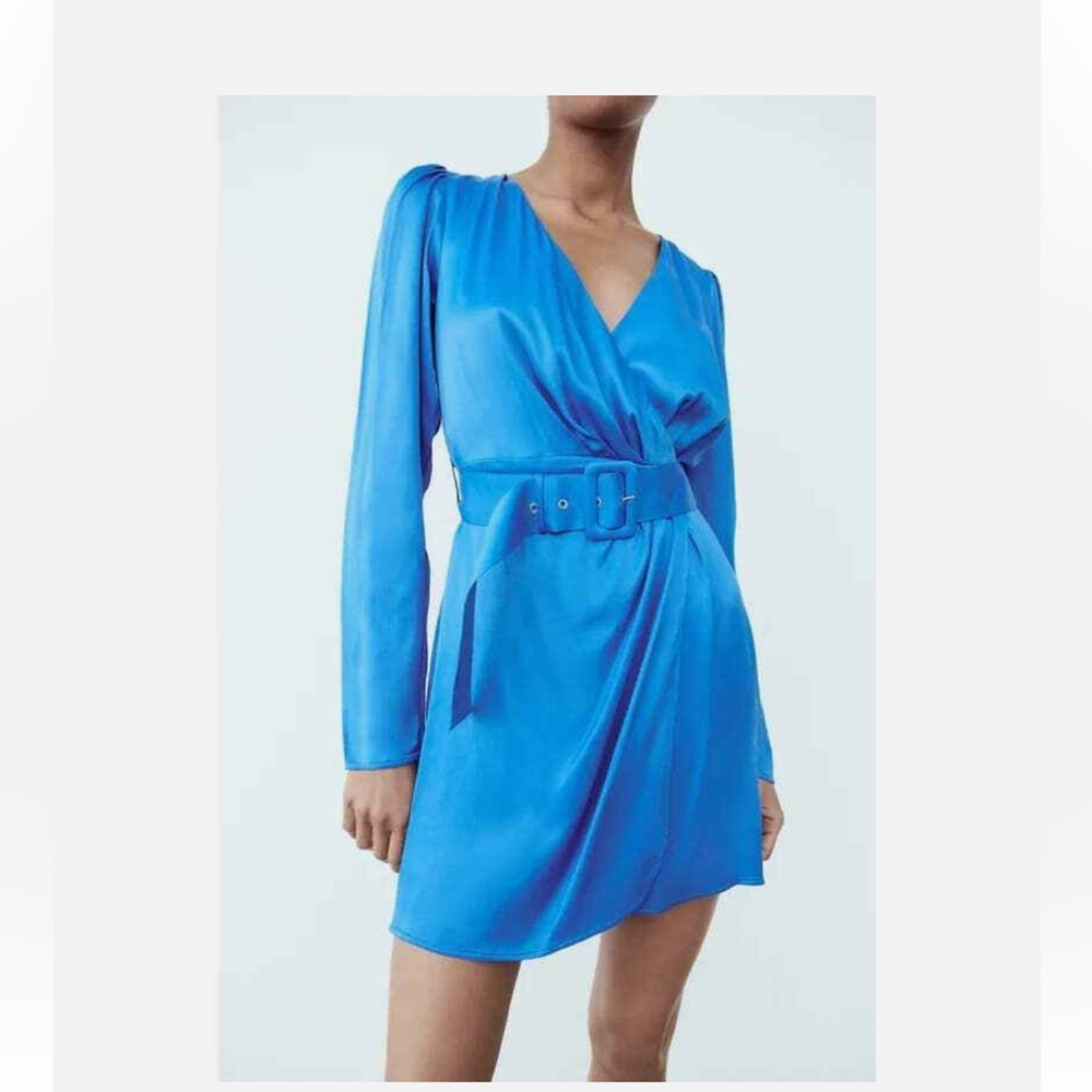 Zara Blue Ruffled Wrap Dress with Puff Sleeves